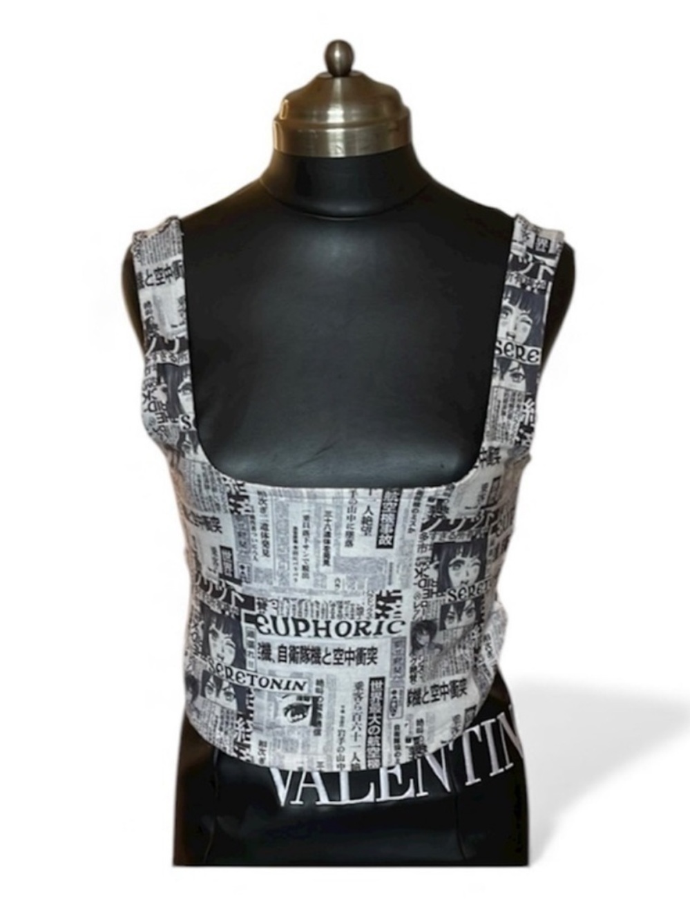 Euphoric Newspaper Print Square-Neck Crop Top - Black & White